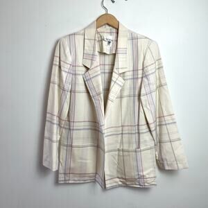 Vintage 80s 90s Cream Plaid‎ Lightweight Blazer Large Pastel USA Summer Layering